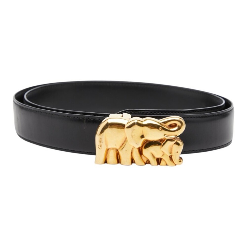Cartier Elephant Motif Buckle Belt, Black Leather, Men's